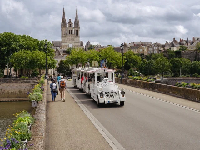 Petit train sur le pont avec la cathédrale en fond