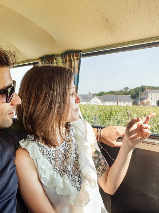 Jeune femme regardant les vignes par la fenêtre d'un combi