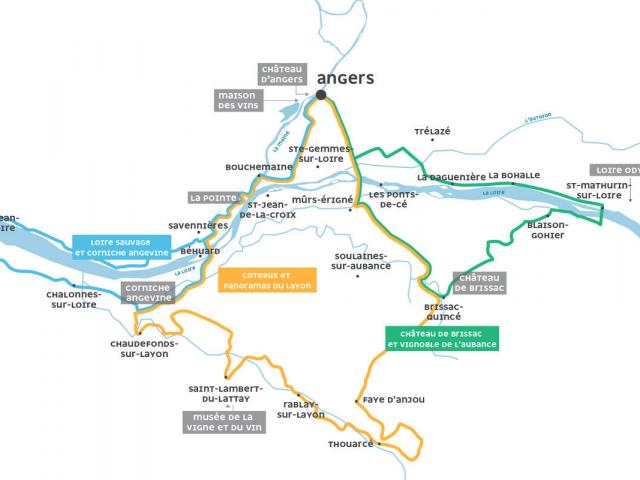 Carte de la route des vins de l'Anjou qui passent par Angers