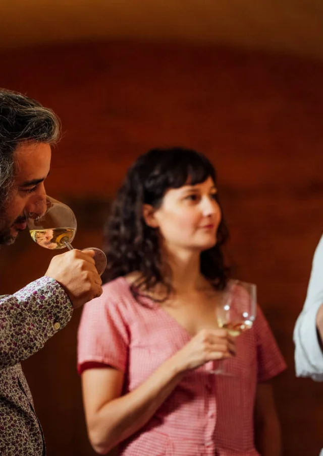 Couple dégustant du vin avec le vigneron, verres près du nez