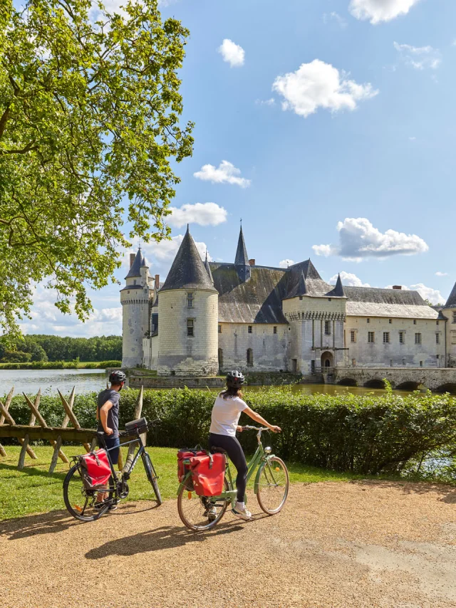 Cyclists in front of the Plessis-Bourré castle