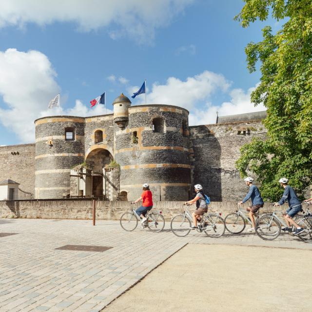 Groupe se baladant à vélo devant le château d'Angers