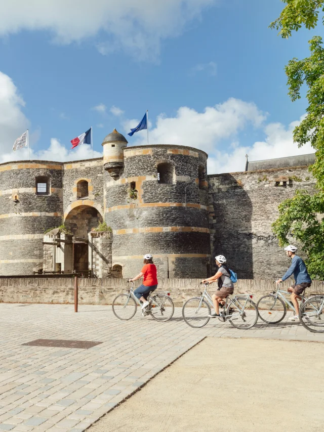 Groupe se baladant à vélo devant le château d'Angers