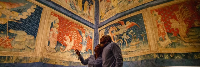 Couple looking at the Tapestry of the Apocalypse, at Château d'Angers