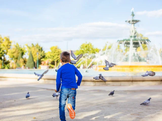 Enfant devant la fontaine du jardin du Mail