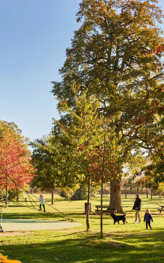 Enfants jouant sur les structures du parc de Pignerolle à l'automne