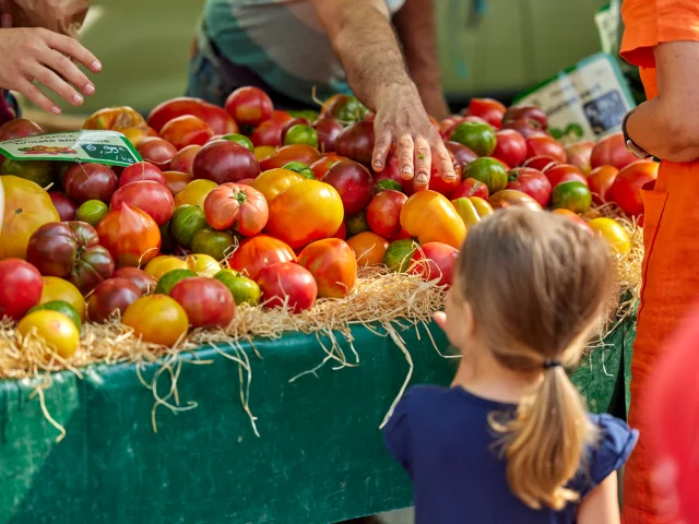 Petite fille devant des tomates au marché La Fayette à Angers