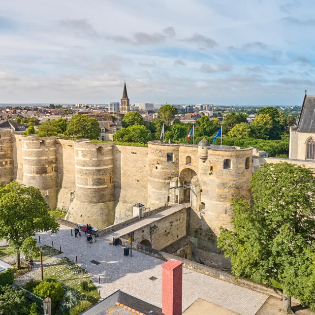 Drone view of the Château d'Angers, entrance and drawbridge side, soft morning light, sunny sky