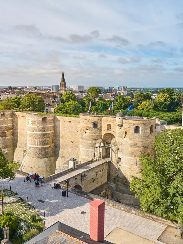 Drone view of the Château d'Angers, entrance and drawbridge side, soft morning light, sunny sky