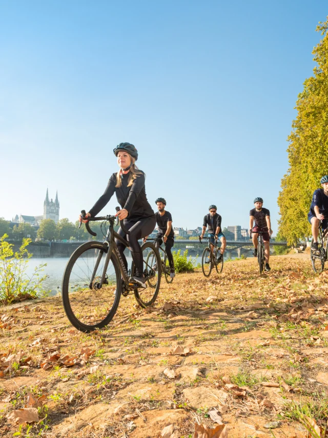 Groupe de 5 cyclistes sur des gravels, passant sur le quai Monge à Angers avec la cathédrale et la Maine à l'arrière-plan, beau temps