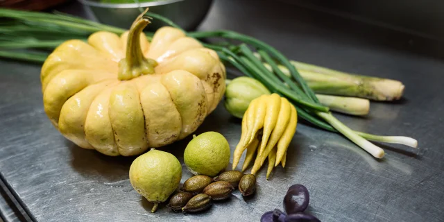 Plan moyen sur des légumes posés sur le plan d'une cuisine de restaurant